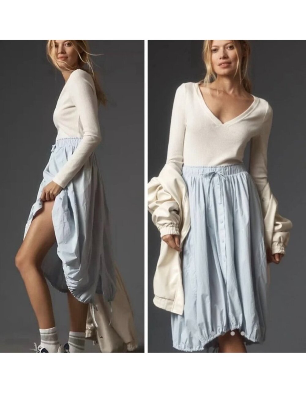 Light Blue Midi Drawstring Skirt Dress with V-Neck